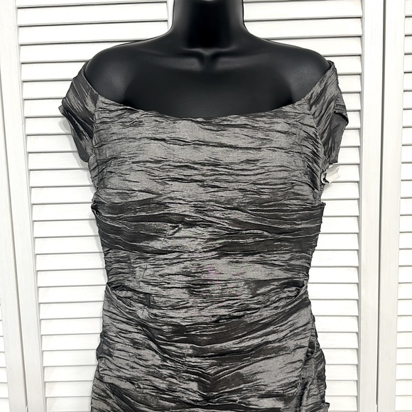 Jeanne Alexander Metallic Silver Gray Ruched/ Crinkle Off Shoulder Midi Dress/12 - Picture 7 of 14